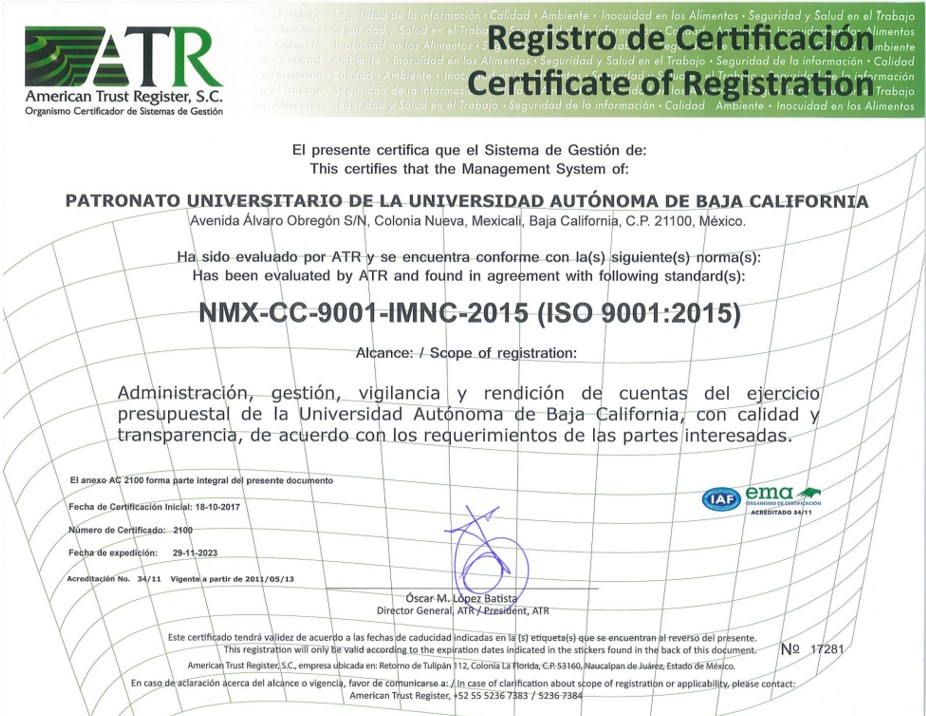 Certificado ISO 9001:2015 Patronato Universitario